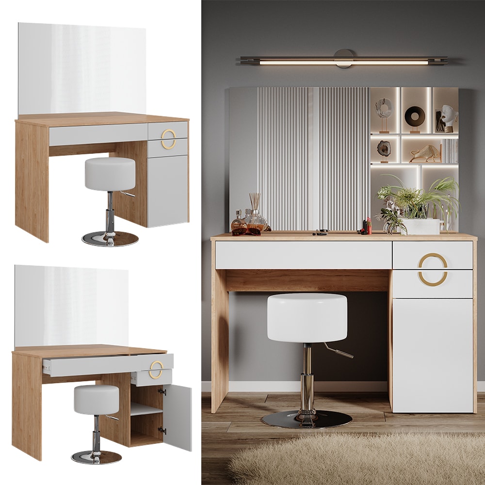 Vicco Schminktisch Adela Natural Rockford Hickory Weiß 115x76 cm Spiegel, Hocker