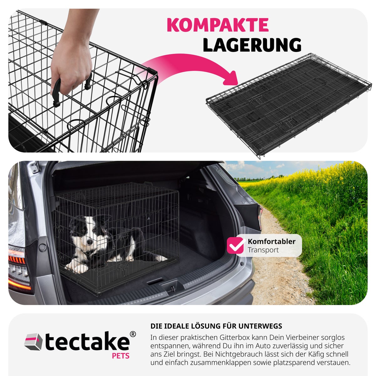 tectake Luna opvouwbare hondenbench/krat met 2 draaggrepen en afgeronde hoeken