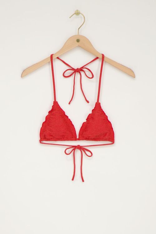 Koraal triangel bikini top met ruffles en lurex