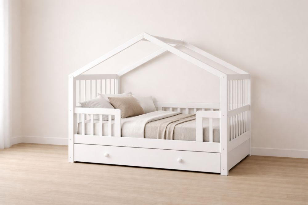 Hausbett Kinderbett Kiefernholz Weiß mit Schublade