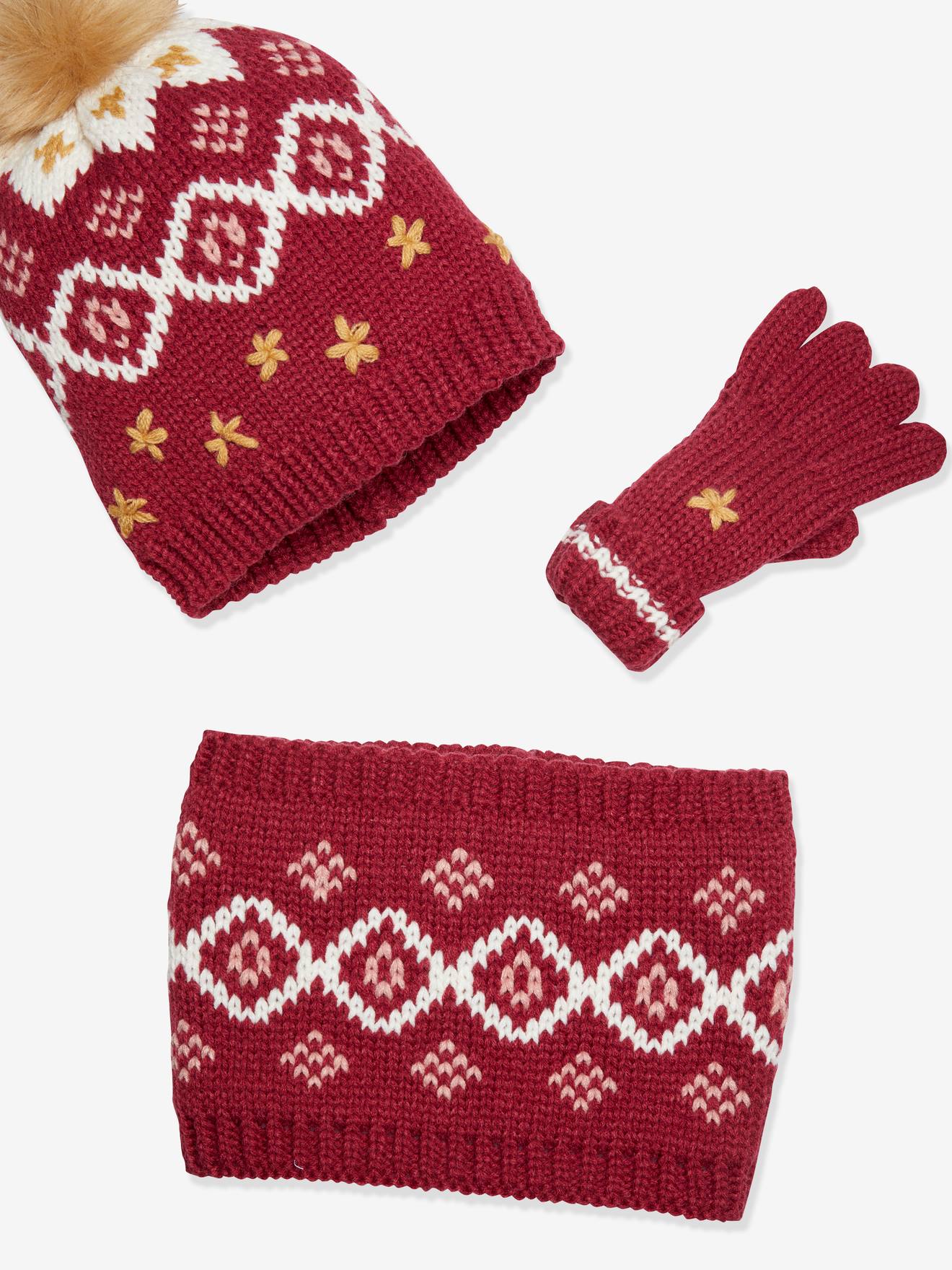 Conjunto de gorro, cachecol e luvas em jacquard Oeko-Tex® para meninas, rosa escuro, bicolor/multicolorido.