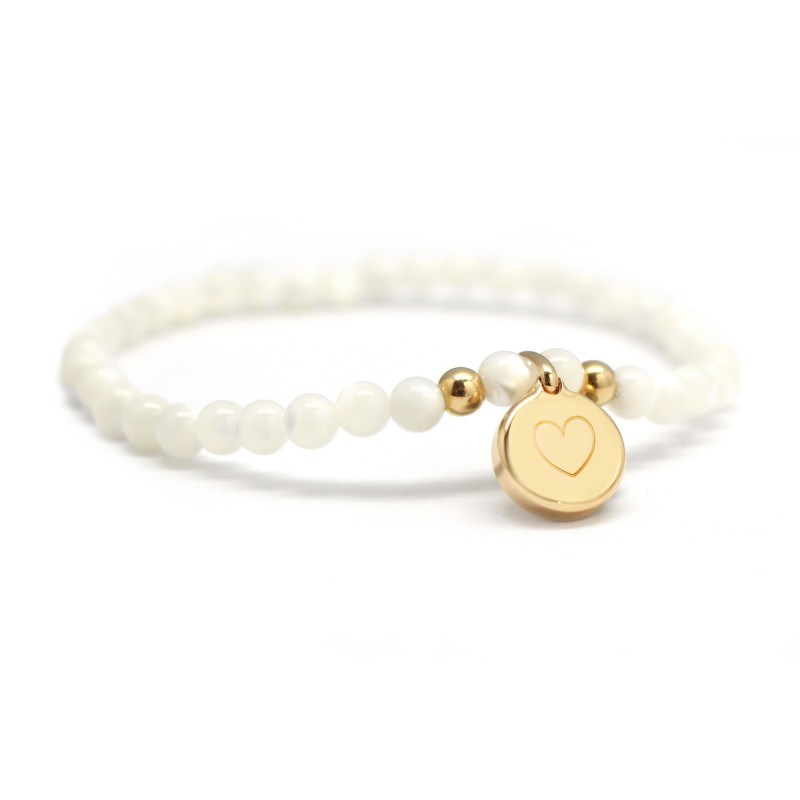 Bracelet perles pierre ronde nacre plaqué or - gravure COEUR
