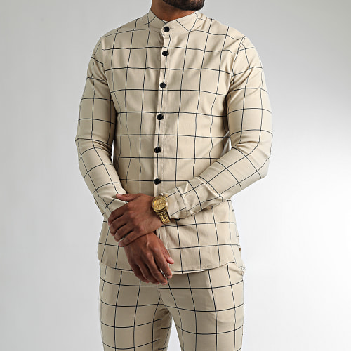 Ensemble Chemise Manches Longues Et Pantalon Carreaux Beige