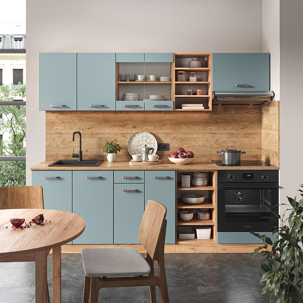 Vicco Küchenzeile R-Line Solid Eiche Blau Grau 240 cm modern Küchenschränke Küchenmöbel