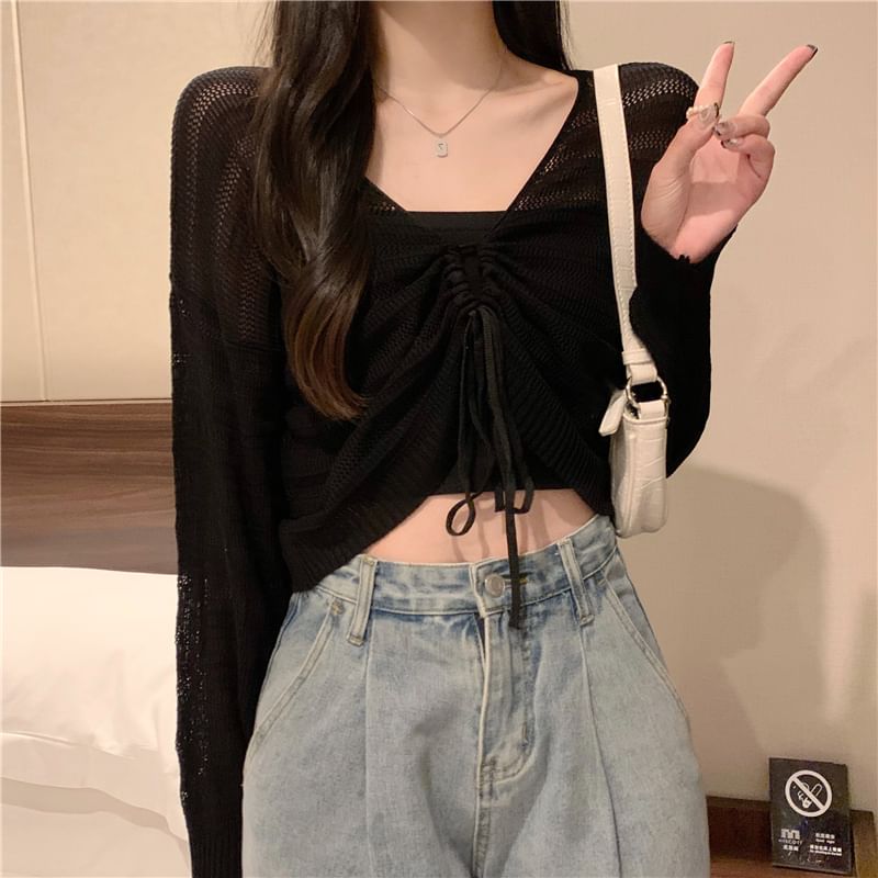 Secolo - Crop top met lange mouwen en trekkoord / effen cami-top