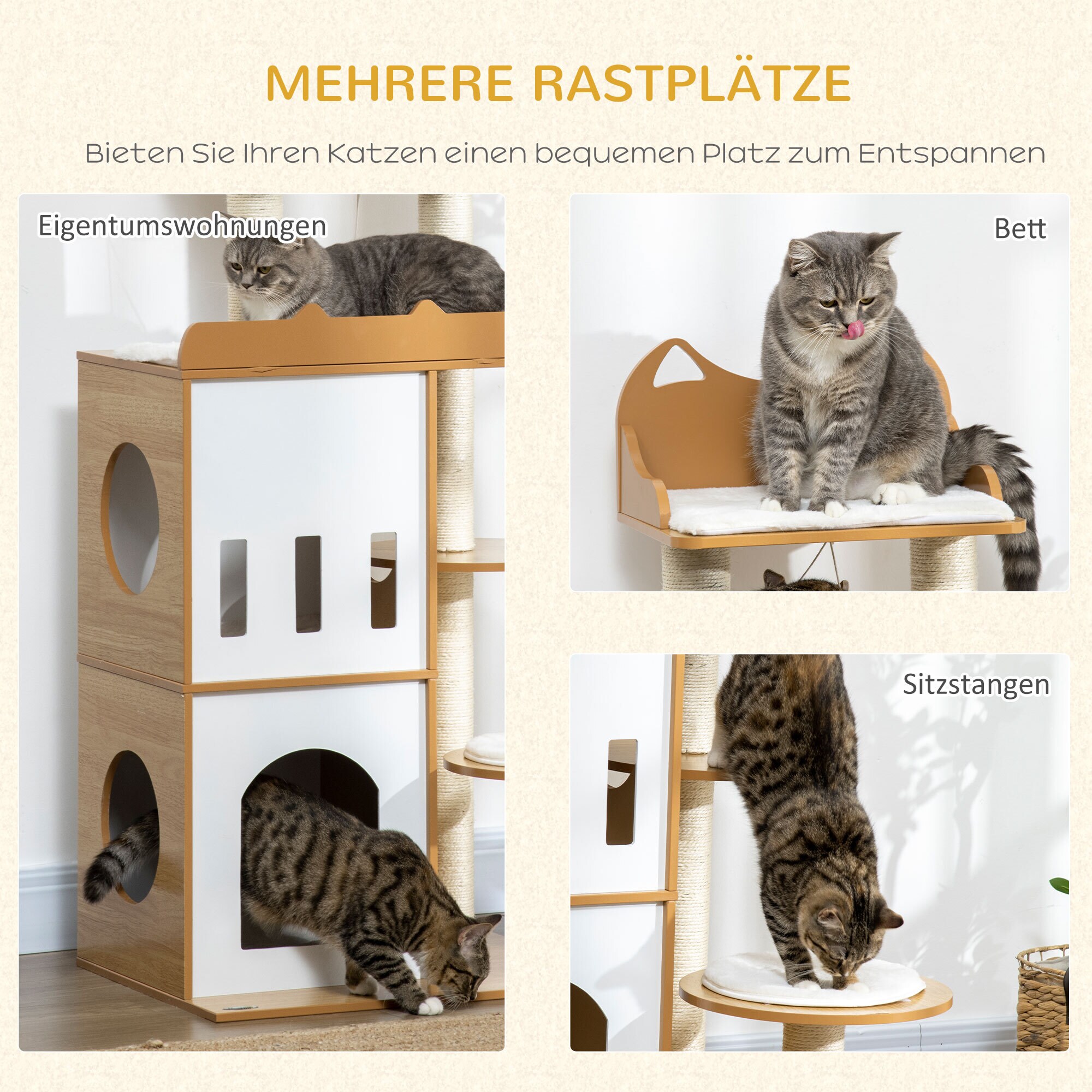 PawHut Kratzbaum mit Katzenhöhle und mehreren Ebenen weiß, natur 60L x 48B x 133H cm