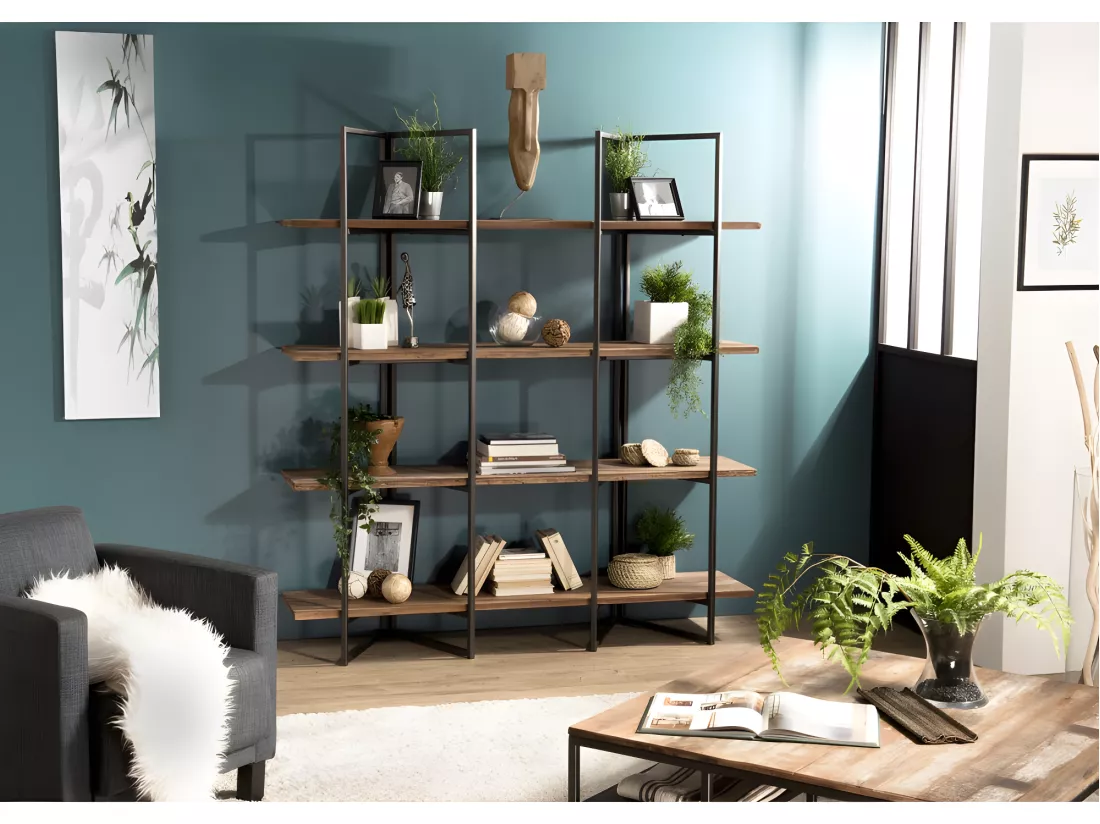 ALIDA - Étagère marron 4 niveaux Teck recyclé Acacia Mahogany et métal noir