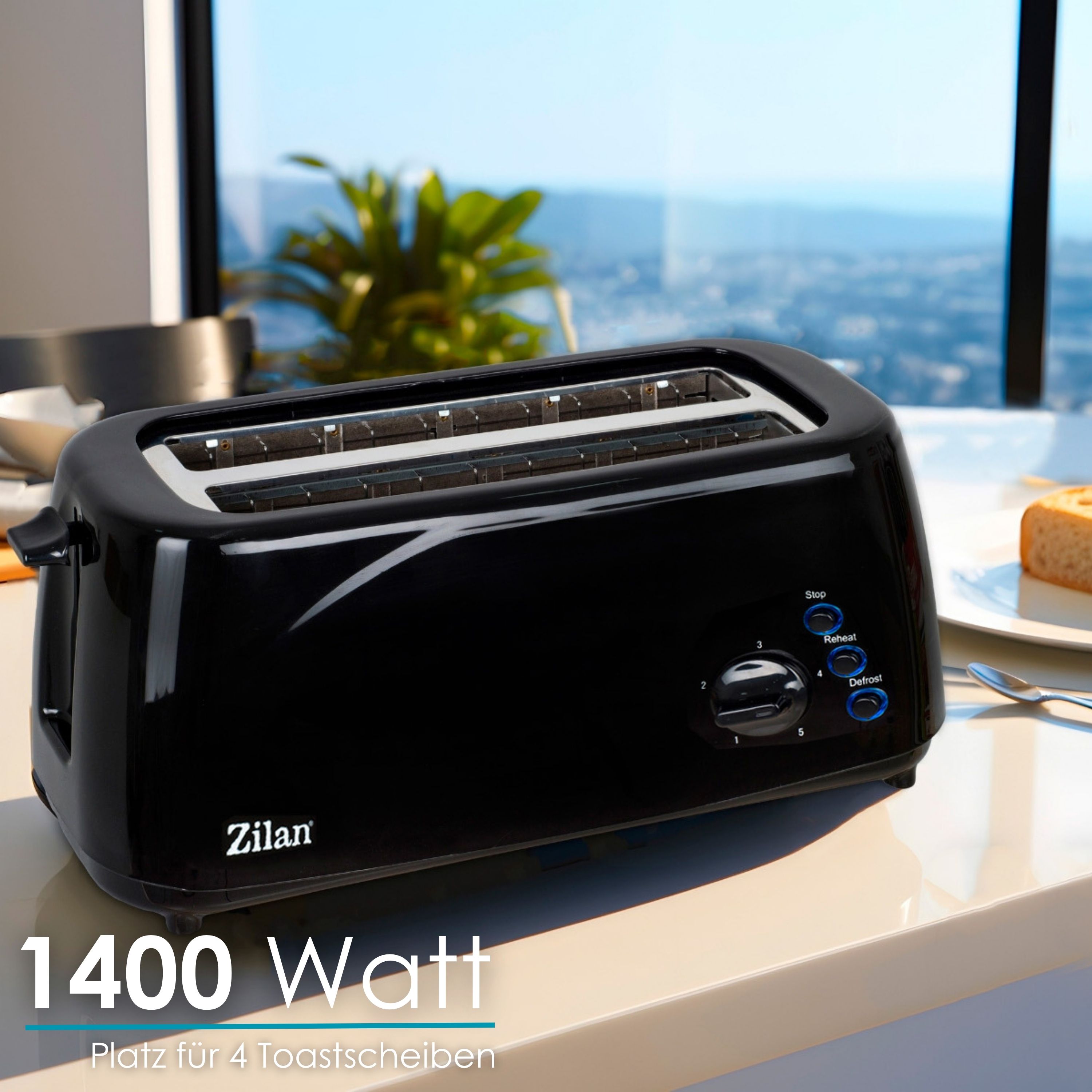 Zilan Langschlitz Toaster 4 Scheiben 1400W Brötchenaufsatz schwarz