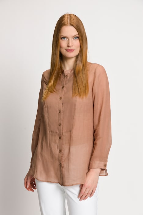 Bluse, Ramie, Plastron-Einsatz, Stehkragen, Langarm