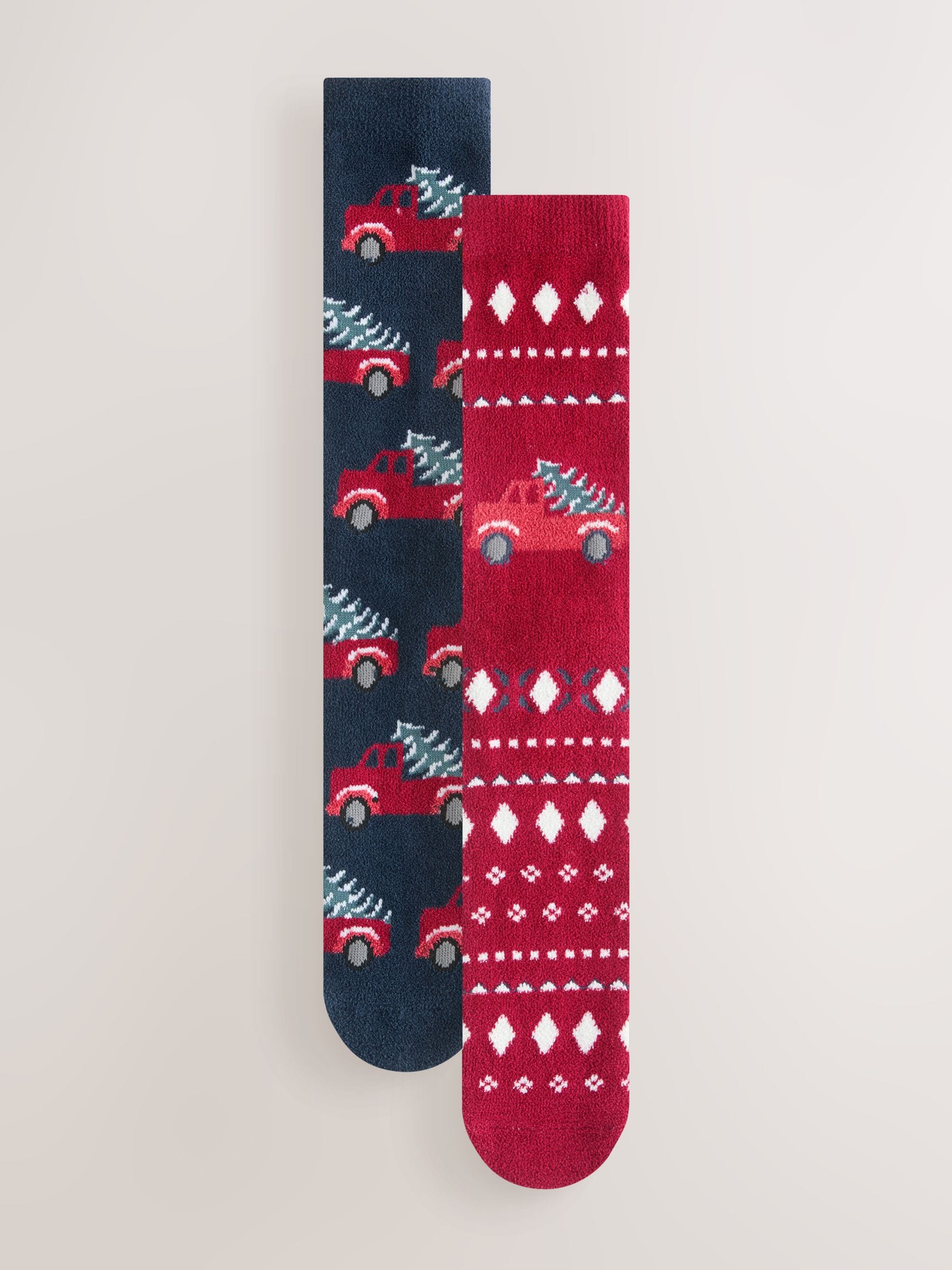 Marineblauw/rood vrachtwagen - Set van 2 paar behaaglijke Kerstmis Sokken voor het hele gezin