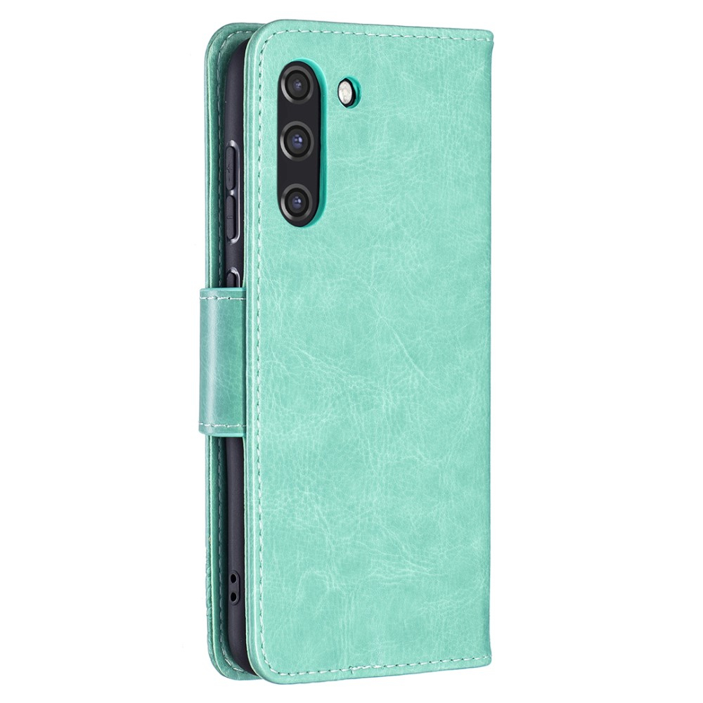 Samsung Galaxy S21 FE 5G Leder Tasche mit Kartenfach   Handschlaufe Schmetterling - Türkis