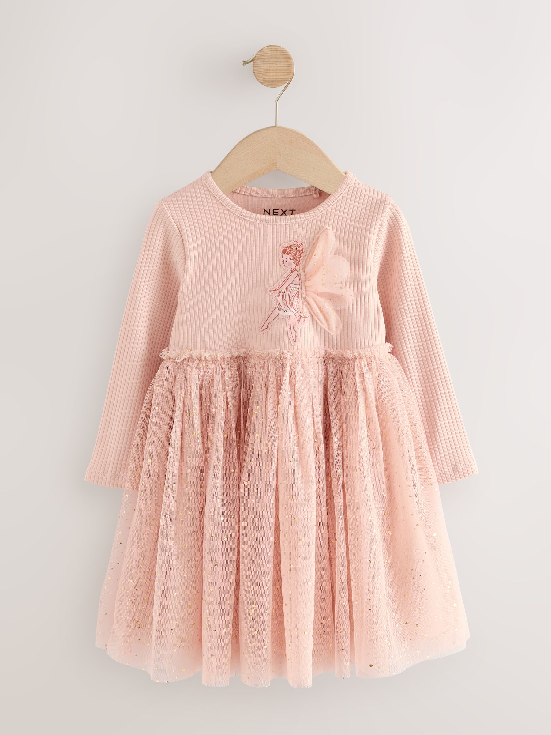 Roze met elfjes - Feestjurk van mesh met lange mouwen (3mnd-7jr)