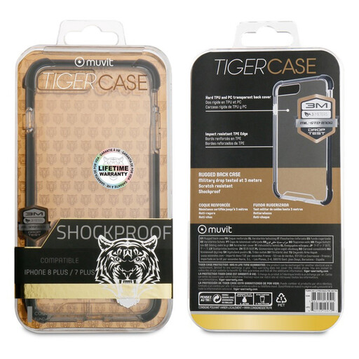 Capa rígida Muvit Tiger para Apple iPhone 8/7 Plus, resistente a impactos, 3M, transparente com borda preta.