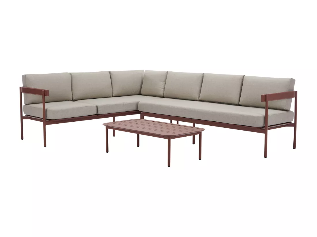 Salon de jardin modulable en aluminium : 1 canapé d'angle relevable + 1 table basse - Terracotta et coussins beige - LASTON de MYLIA
