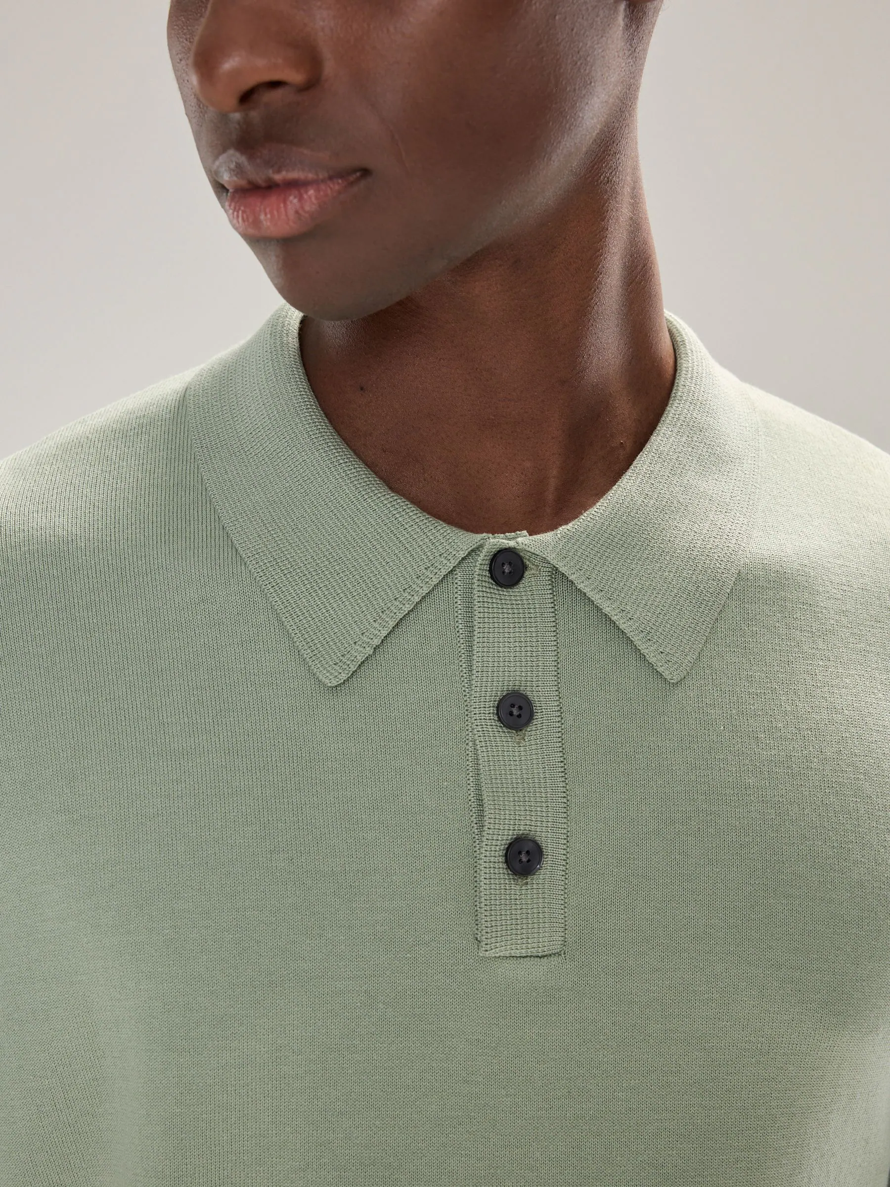 Grijs-groen - Normale Pasvorm - Katoenrijk gebreid poloshirt met lange mouwen