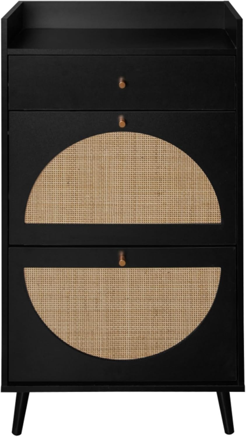Zweitüriger Schuhschrank mit integrierter Schublade und doppeltem Regalsystem im natürlichen Rattan-Design, platzsparender Flur-Schuhspender ohne Feste Rückwand (Schwarz)