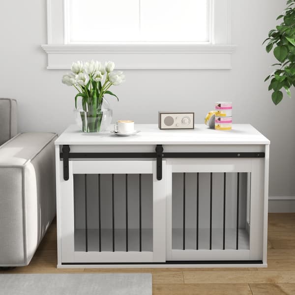 Hundekasse med skyvedør, ventilasjon, sponplater og stål, 98 x 58 x 61 cm, valnøtt