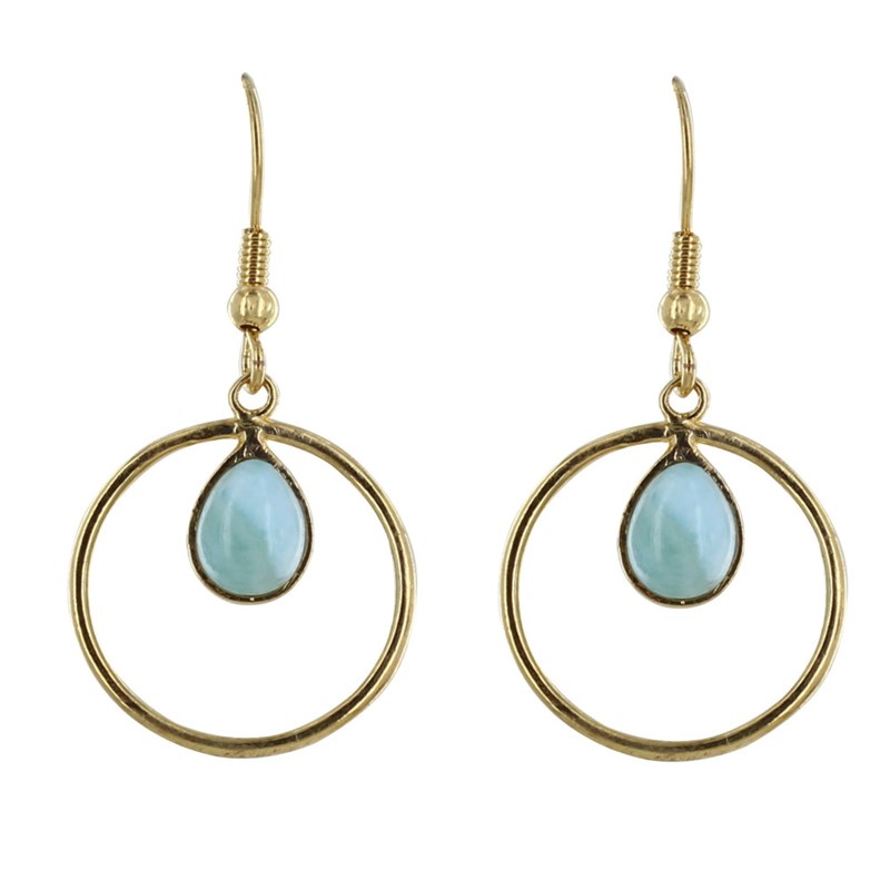 Boucles d'Oreilles Plaqué Or Cercle et Goutte de Larimar