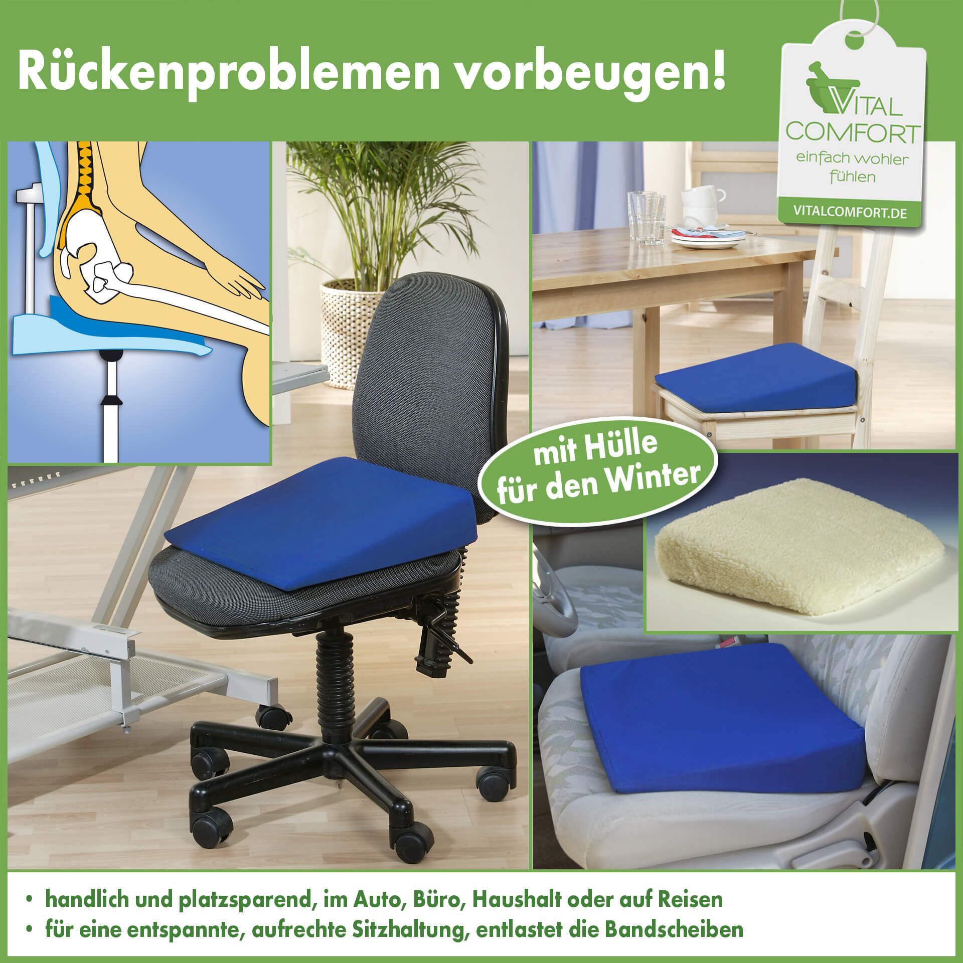 Vital Comfort keilförmiges Auto-Sitzkissen Sommer-Winter-Set, handlich und platzsparend