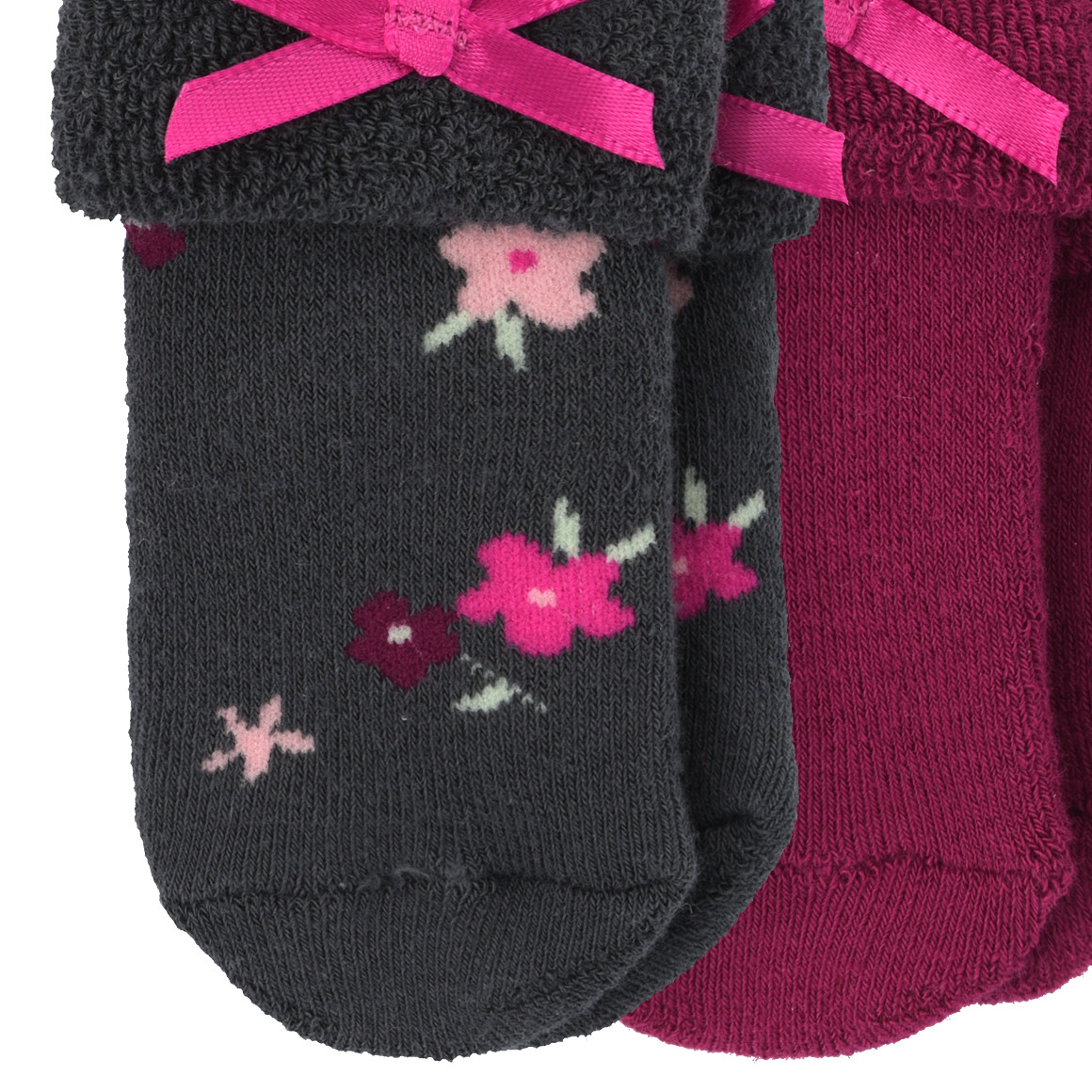 Topomini 2 Paar Newborn Socken mit Zierschleife dunkelgrau / beere
