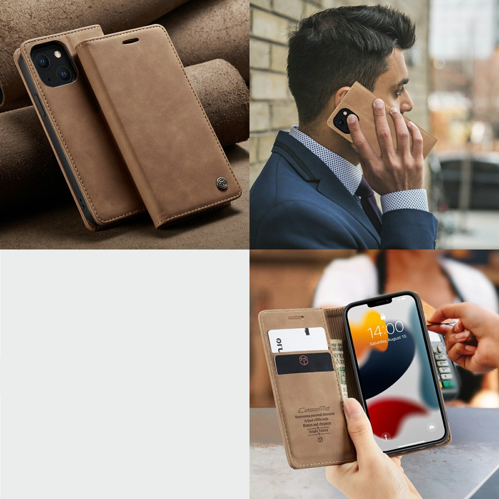 iPhone 13 Leder Tasche Flip Wallet Etui mit Kartenfächern - Hellbraun