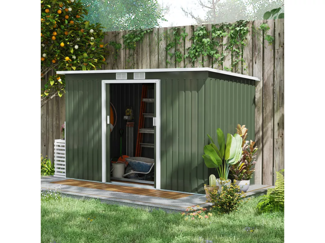 Abri de jardin - remise pour outils - cabanon portes verrouillables - dim. 2,8L x 1,3l x 1,72H m - tôle d'acier gris vert