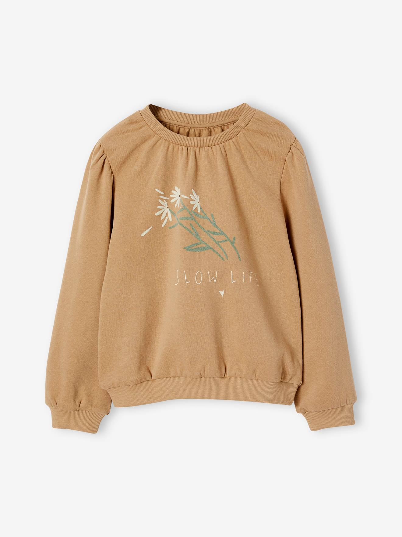 Blusa de moletom romântica com estampa floral e detalhes em ponto flatlock para meninas, marrom acinzentado.