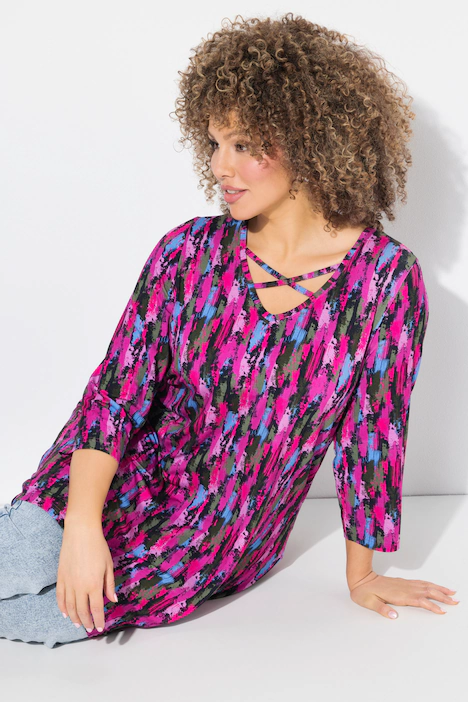 Longshirt, A-Linie, Zierbänder, V-Ausschnitt, 3/4-Arm, marine