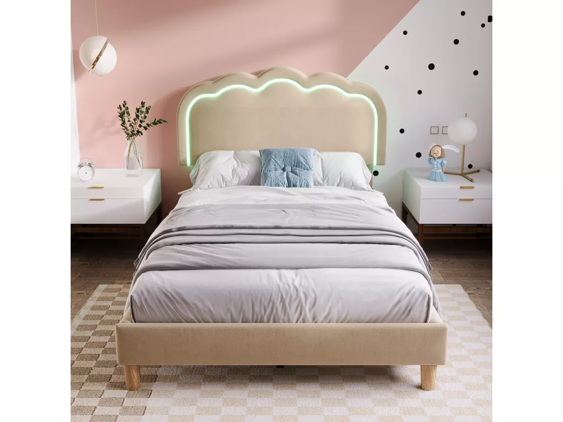 Lit capitonné 90 x 190 cm avec tête de lit réglable pour chambre à coucher - LEDs - tissu lin - beige