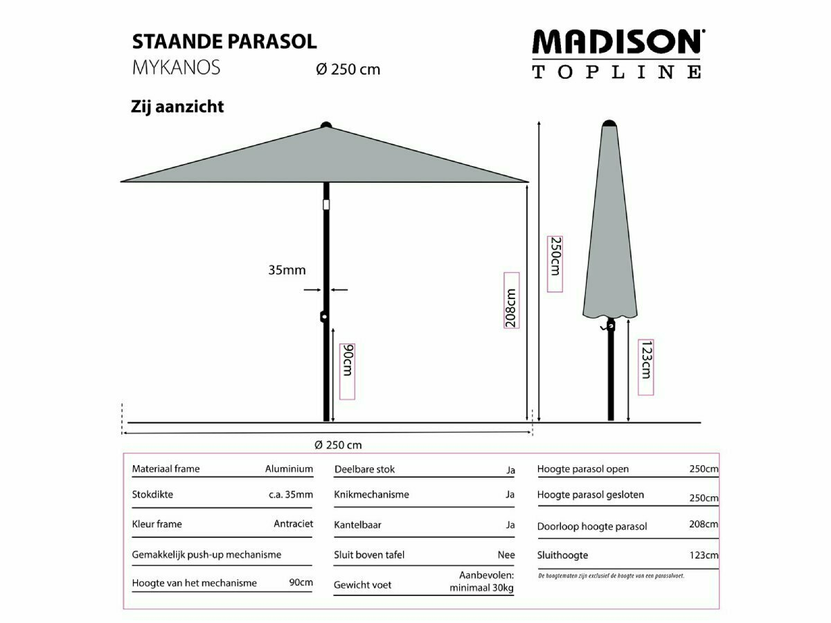 Madison Mykanos 250 cm push-up parasol - Taupe