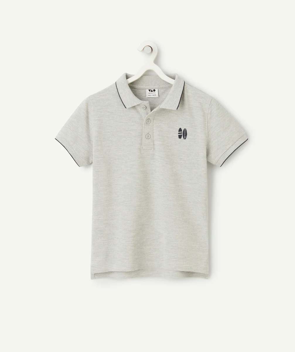 polo manches courtes garçon en coton bio gris et broderies bleues
