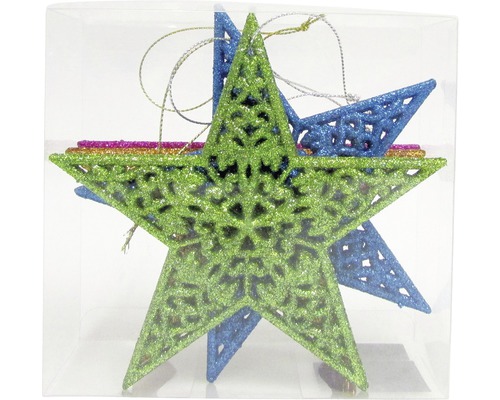 Kunststof sterren met ornament, 4 stuks, diverse kleuren