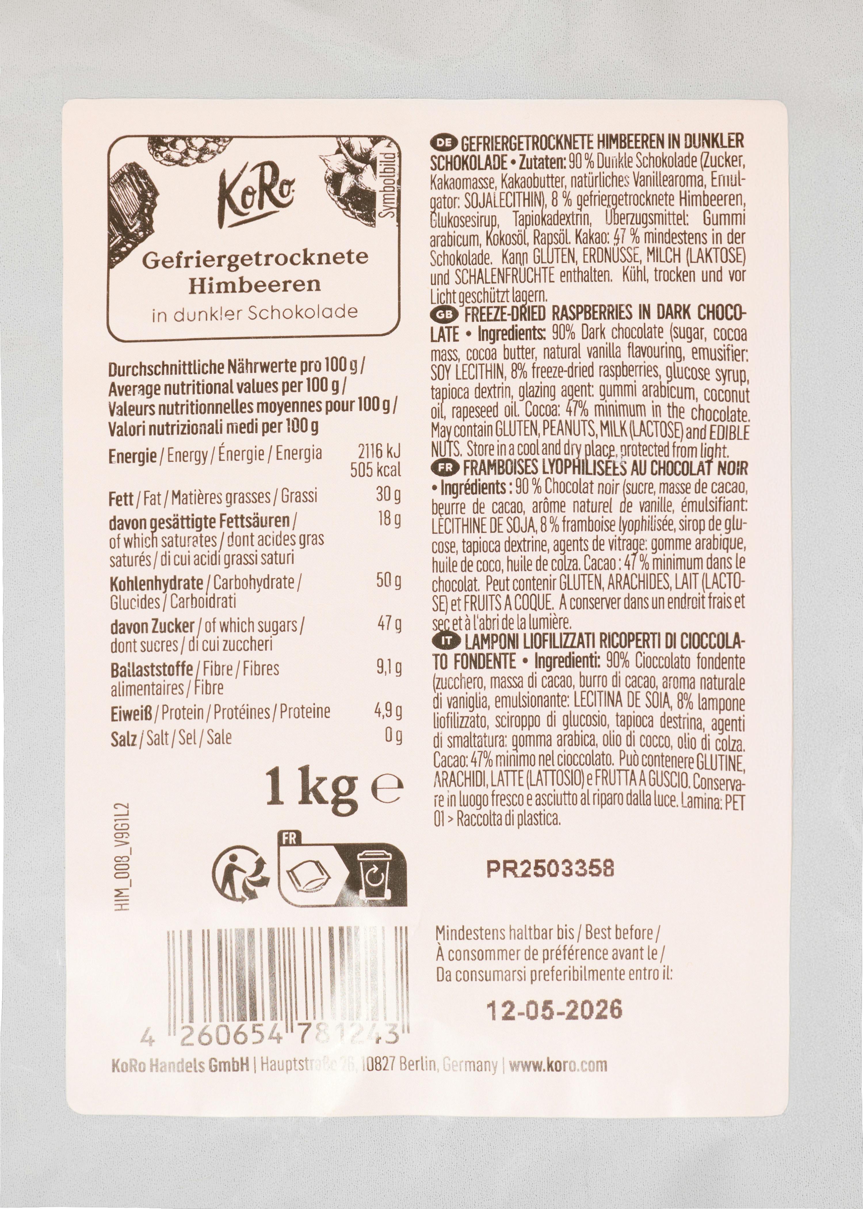 Gefriergetrocknete Himbeeren in dunkler Schokolade 1 kg