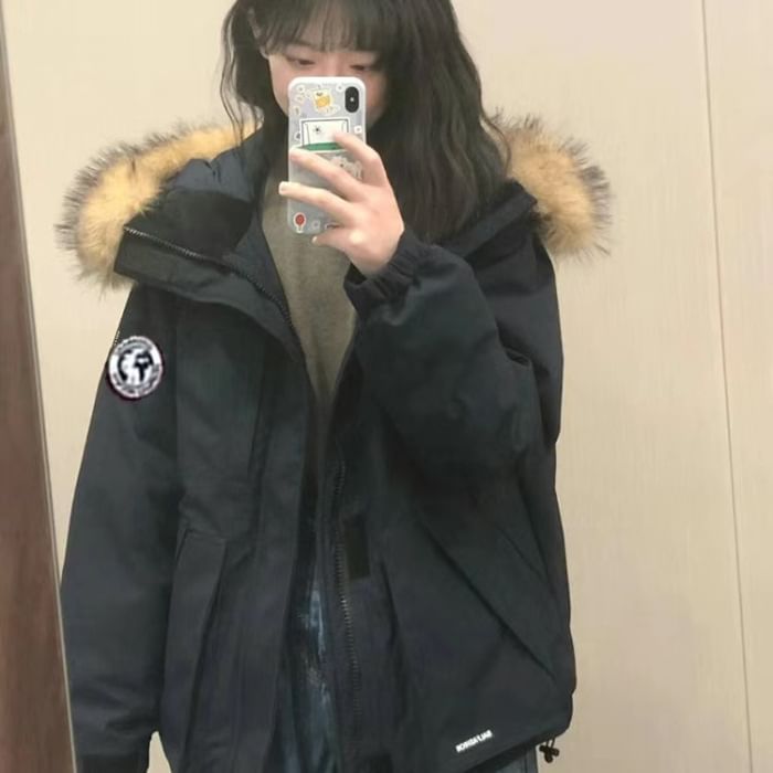 Sistyr - Fluffy Trim Hooded Plain Puffer Jacket met rits