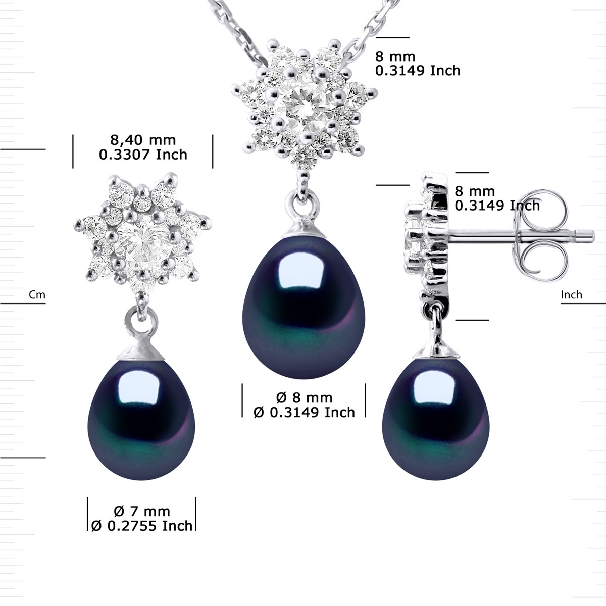 Parure BIARRITZ Collier & Boucles d'Oreilles Pendantes Perles d'Eau Douce Noires Argent 925