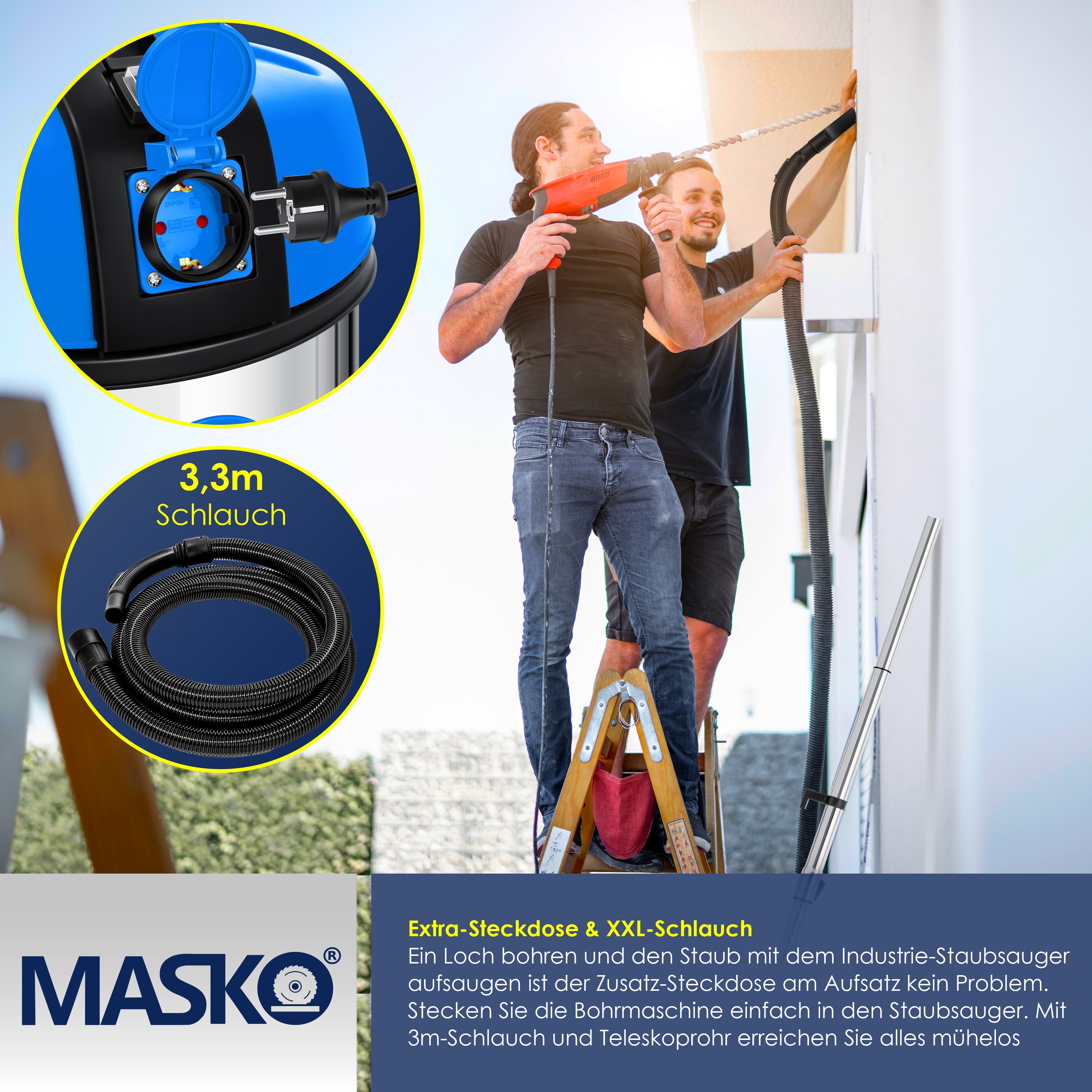 MASKO® Industriestaubsauger Staubsauger Nass Trocken Sauger Edelstahl 2300W + Steckdose | Blasfunktion | Trocken-Saugen & Nass-Saugen | Push&Clean | Industrie-Sauger mit & ohne Beutel | beutellos