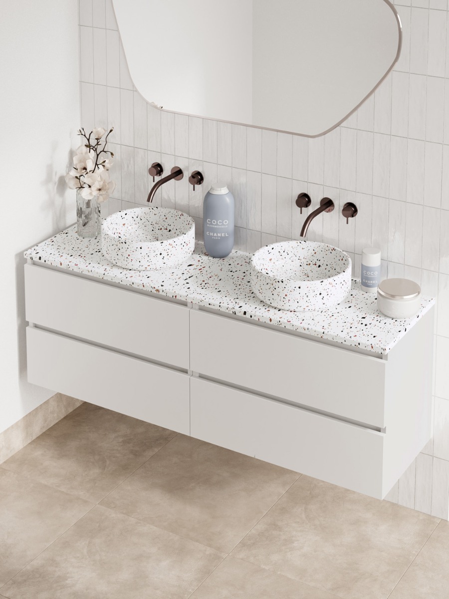 Fontana Terrazzo badmeubel 160cm mat wit met ronde waskommen en toppaneel