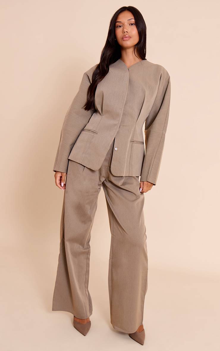 Gris Pantalon Large Plissé Tailleur En Tissu Tissé Premium Coordonné