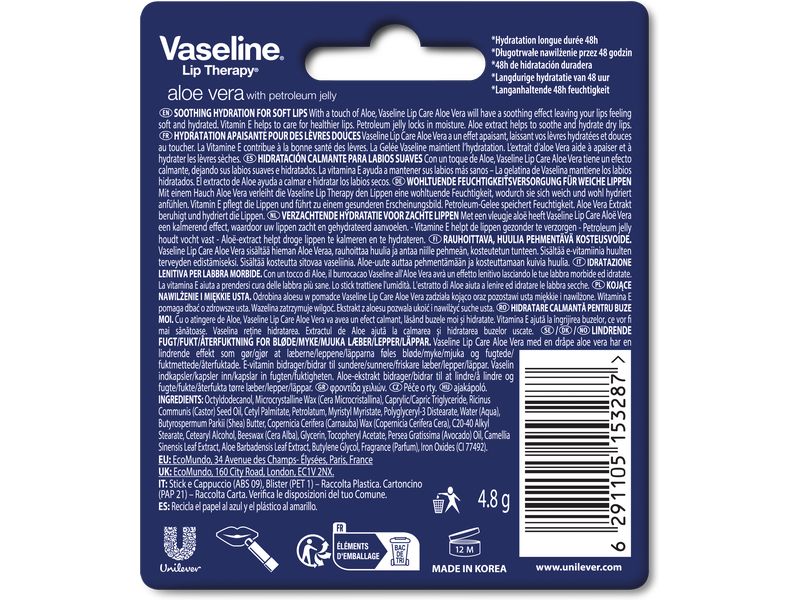 Vaseline Lippenpflege Aloe Vera 4.8 g Feuchtigkeitsspendende Lippenpomade mit Aloe Vera für weiche und gesunde Lippen