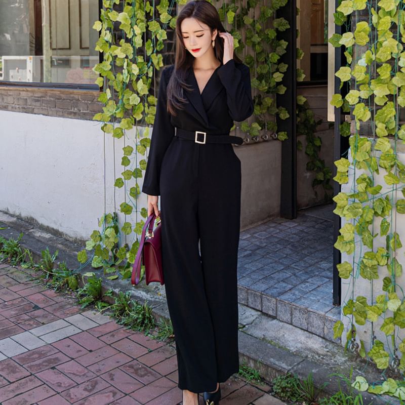 Aurora - Jumpsuit met lange mouwen, reverskraag en effen kleur