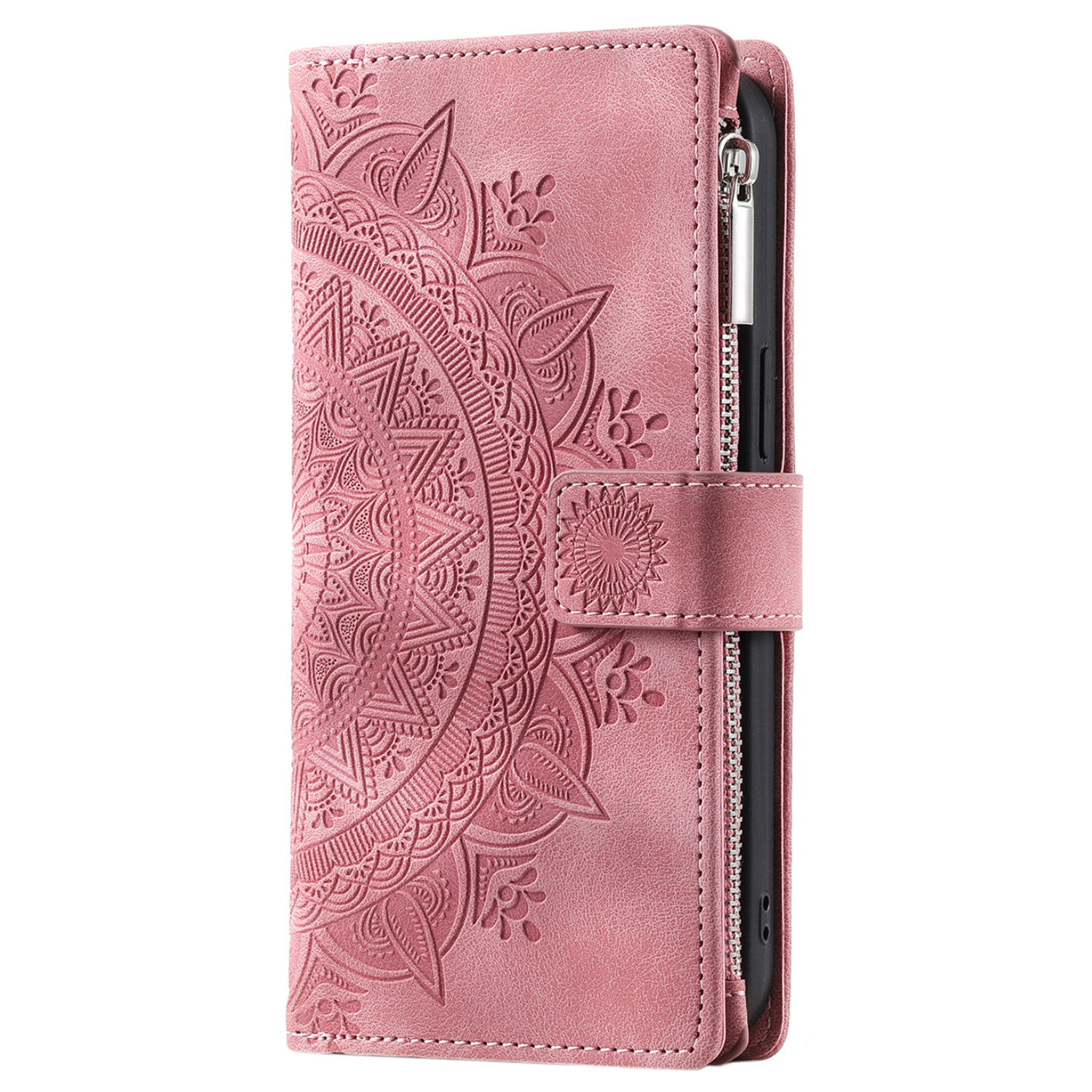 Samsung Galaxy S24 FE Leder Tasche Flip Cover mit Reissverschluss - Mandala Flowers Imprint - Rosa