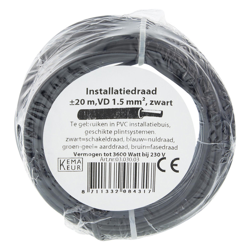 Installatiedraad VD H07V-U 20m 1,5mm² zwart