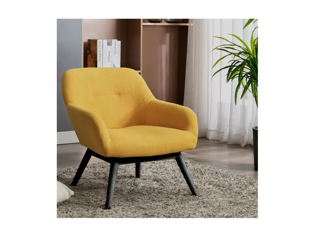 MALMO-Fauteuil lounge en tissu tramé Safran et pieds hévéa teinté noir