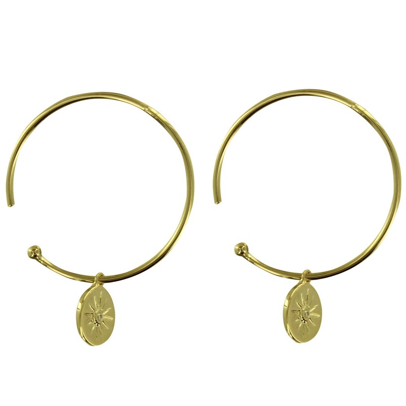 Boucles d'Oreilles Plaqué Or Demi Créoles Médaille Ronde Soleil et Strass