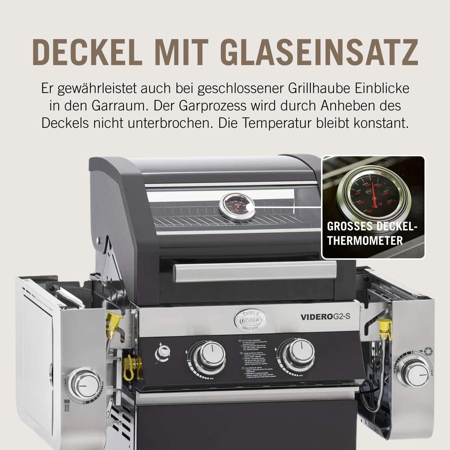 RÖSLE Gasgrill BBQ-Station VIDERO G2-S Schwarz, Grill mit 2 Edelstahlbrennern, extra Primezone und Seitenbrenner, klappbare Seitentische, VARIO+, pulverbeschichteter Stahl