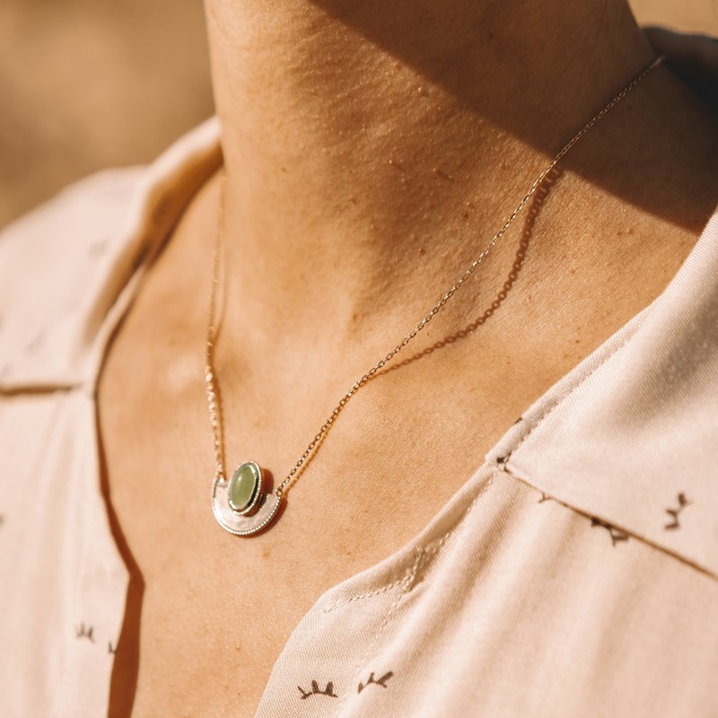 Collier Fin Plaqué Or Pendentif Pierre Precieuse Aventurine