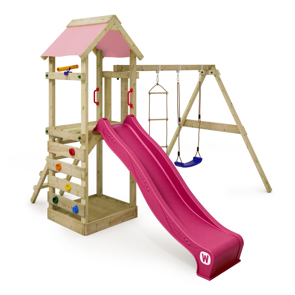 WICKEY FreeFlyer Speeltoren Klimrek met Schommel en Glijbaan, Klimtoren met Zandbak, Ladder en Speelaccessoires – Pastel Roze
