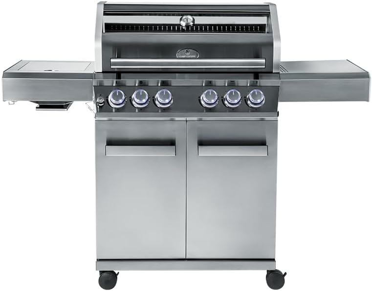 CHEF CUISINE BBQ Gasgrill – Outdoor Gasgrill 4 Brenner mit Seitenbrenner und Infrarot aus rostfreiem Edelstahl, 20,7 kW, 3-teilige Grillfläche, Grillhaube mit Sichtfenster und Thermometer, Grillwagen