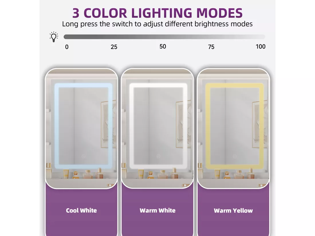 YITAHOME Coiffeuse avec Miroir LED Réglable et Prises de Courant - 2 Tiroirs et 6 Étagères Ouvertes - Blanc - 80 x 39.5 x 137cm