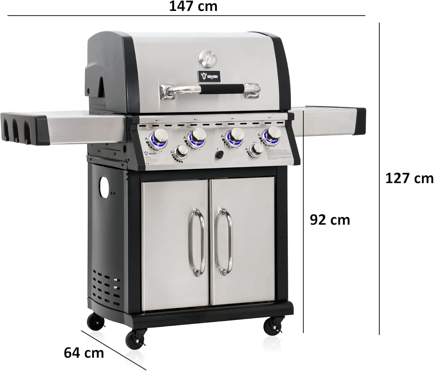 BBQ-Toro Premium Gasgrill 4 Brenner mit seitlicher Kochstelle und Backburner | 4+1+1 Gasgrill | 4 Brenner 1 Seitenbrenner 1 Infrarotbrenner | Edelstahl BBQ Grill mit Seitenbrenner und Backburner